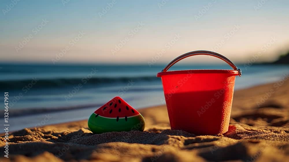 Beach toys on sandy shore at sunrise