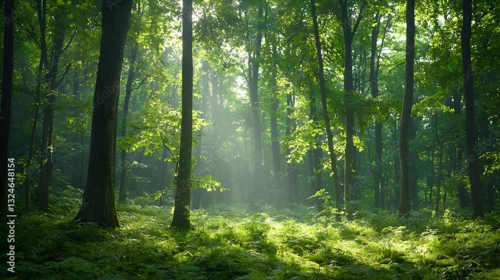 Obraz premium Lush Green Forest Landscape With Sunlight Shining Through Trees Creates Serene Woodland Atmosphere