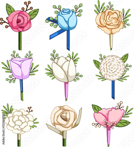 boutonniere set cartoon vector illustration