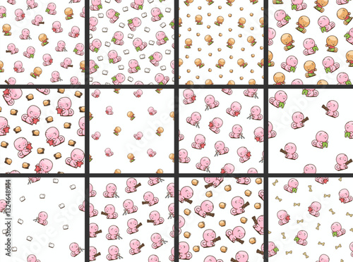 Cute kawaii pomeranian dog. Seamless pattern. Cartoon character. Vector drawing. Collection of design ornaments.