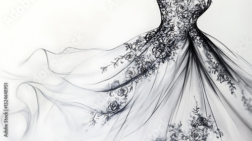 A black floral decorated flowing gown appears on a white background