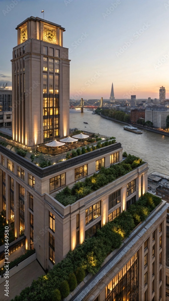 Obraz premium London Riverside Building: Classical Architecture, Thames River View, Rooftop Gardens, Evening Twilight, Urban Sophistication with London Skyline.