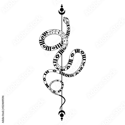 Mystical snake tattoo in celestial doodle style intertwines with elegant silhouette designs