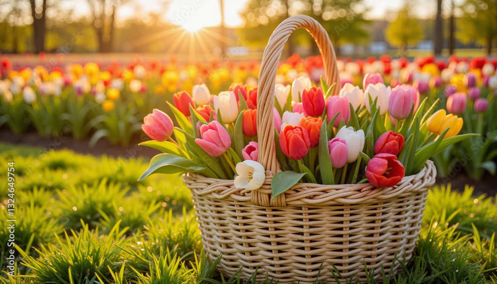 Obraz premium Basket of vibrant tulips on green grass at sunset, spring romance