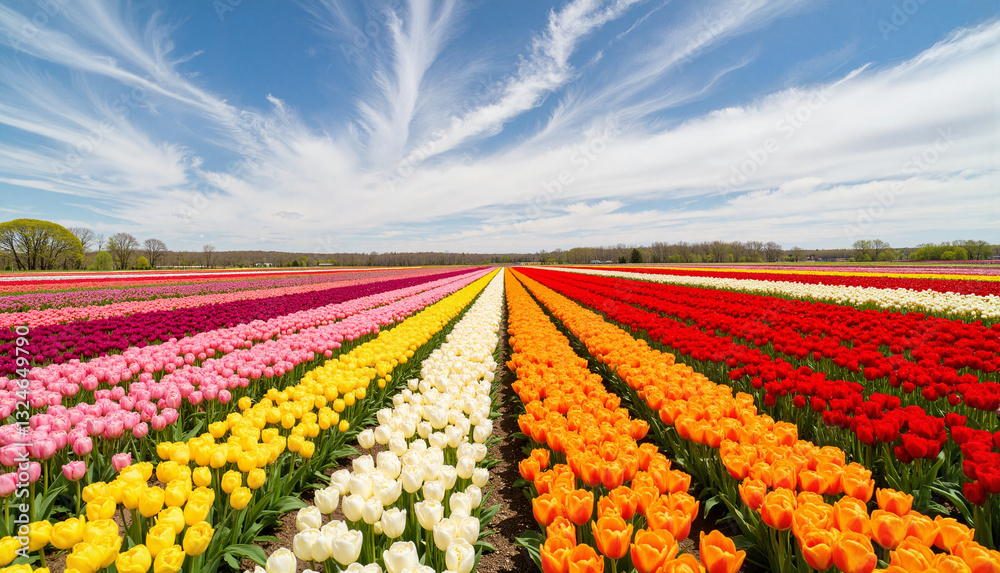 Vibrant tulip fields displaying rainbow colors under blue sky, beauty Vibrant tulip fields displaying rainbow colors under blue sky, beauty