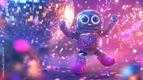 Sparkling robot dancing at a vibrant disco party with bright confetti and glittering lights