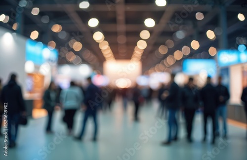 Blurry defocused people walk trade show exhibition center international event. Bokeh light, hall interior, modern design. Crowd business people, commerce seller, seminar negotiation. Organizer