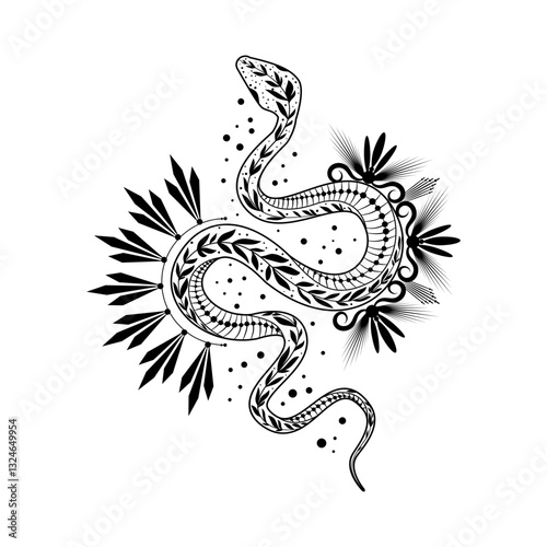 Mystical celestial snake tattoo design featuring elegant foliage and intricate doodle patterns