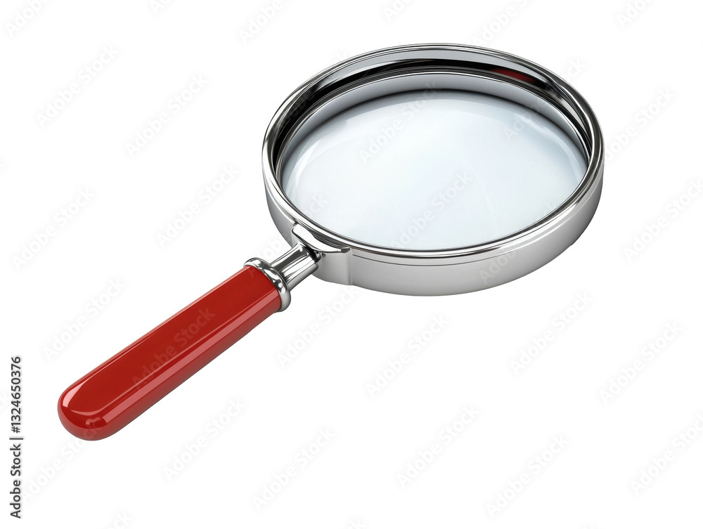 Magnifying glass with a red handle placed on a white background