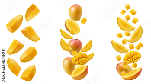 Mango set PNG. Tropical mango slices falling down PNG. Fresh, juicy mango pieces isolated on transparent background. Floating mango pieces PNG. Dynamic falling mango slices isolated