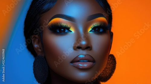 Stunning makeup look on young african woman with vibrant eyeshadow and glossy lips