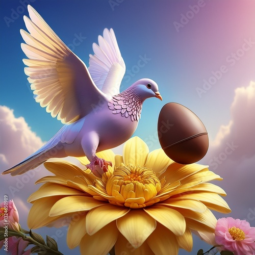 Une colombe regarde un œuf en chocolat dans une fleur