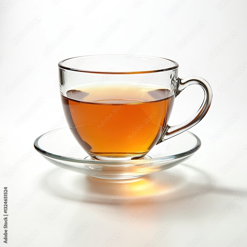 Transparent glass teacup with hot tea on saucer against white background. Herbal drink concept. Healthy brown beverage in mug, isolated. Clear teabag drink, zero calorie hot water refreshment. Transparent glass teacup with hot tea on saucer against white background. Herbal drink concept. Healthy brown beverage in mug, isolated. Clear teabag drink, zero calorie hot water refreshment.