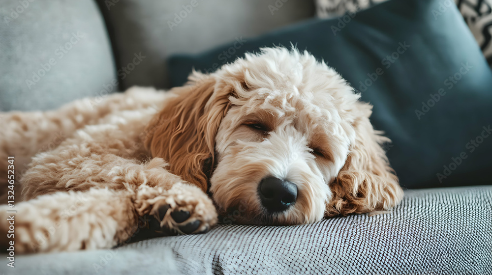 Relaxed golden doodle rests peacefully on textured couch, fostering calm and cozy mood Relaxed golden doodle rests peacefully on textured couch, fostering calm and cozy mood