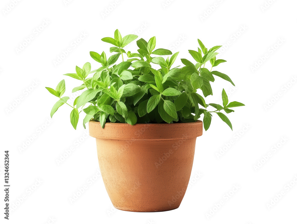 Fresh green herbs growing in a clay pot on a bright surface on a transparent background, cut out Fresh green herbs growing in a clay pot on a bright surface on a transparent background, cut out