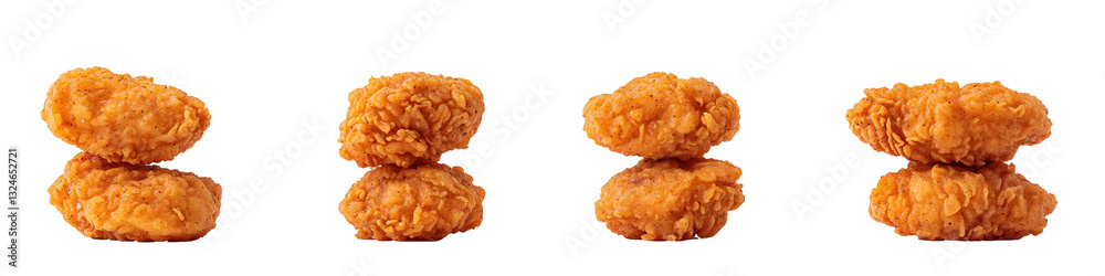 Crispy chicken nuggets arranged in various stacks and positions placed on a white or transparent background Crispy chicken nuggets arranged in various stacks and positions placed on a white or transparent background