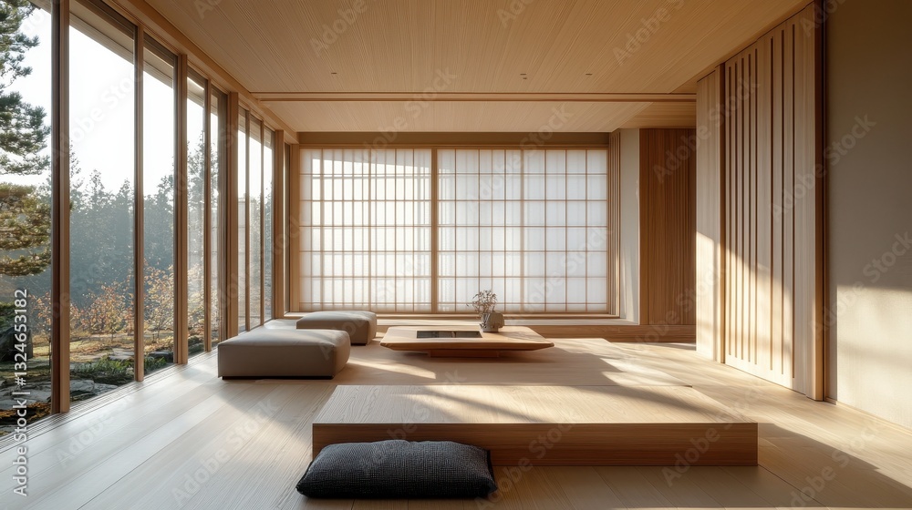 A bright wooden room with large windows and natural light A bright wooden room with large windows and natural light