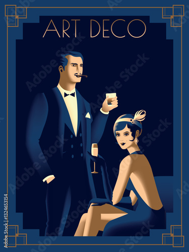 Couple at a party in the style of the early 20th century. Retro party invitation card. Handmade drawing vector illustration. Art Deco style.