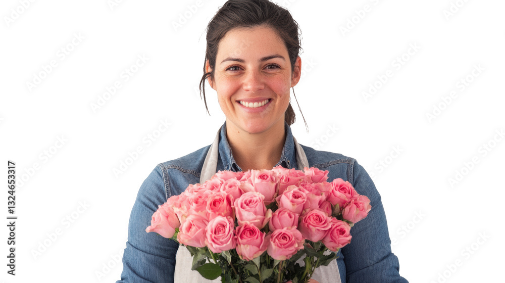 Smiling woman with a bouquet of pink roses in a bright setting on a transparent background, cut out Smiling woman with a bouquet of pink roses in a bright setting on a transparent background, cut out