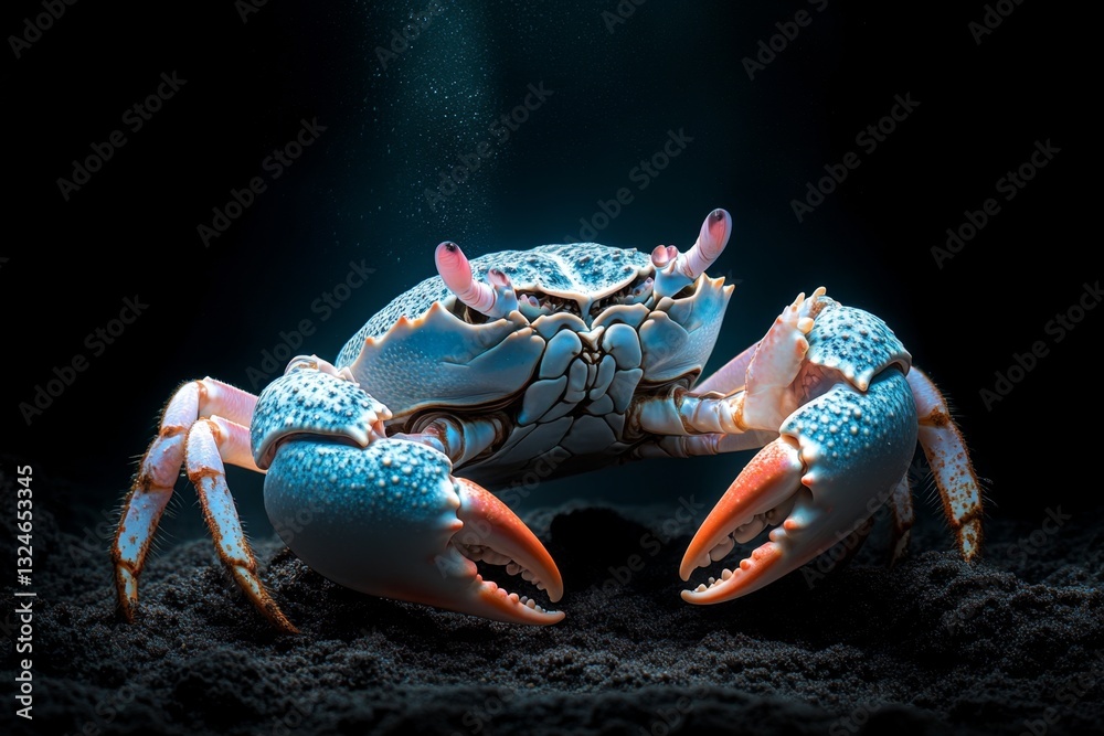 A mystical depiction of Cancer crab glowing underwater, with moonlight filtering through the ocean surface A mystical depiction of Cancer crab glowing underwater, with moonlight filtering through the ocean surface
