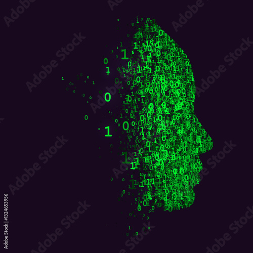 Vector digital profile of a human face formed by glowing green binary numbers. Futuristic concept of artificial intelligence, big data, and cyber identity.