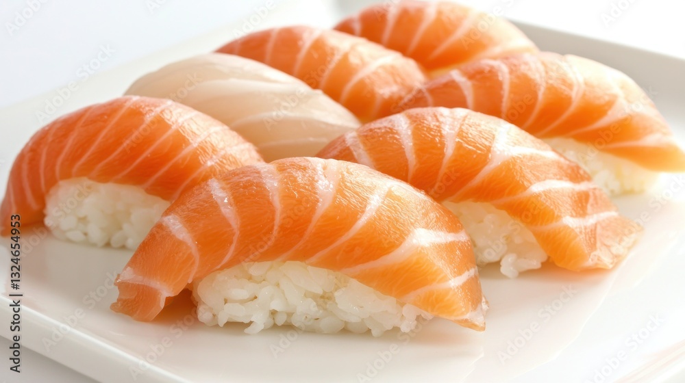 Fresh salmon and white fish nigiri sushi on a white plate. Fresh salmon and white fish nigiri sushi on a white plate.