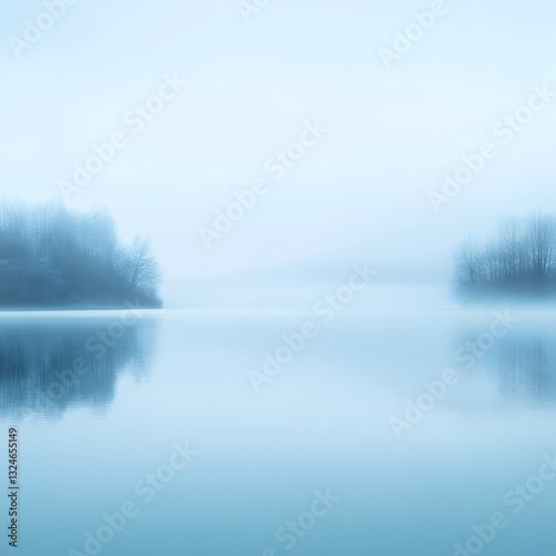 pastel serene landscape with fog rolling over a quiet lake at dawn, evoking a demure and contemplative atmosphere, minimal background with copy space
