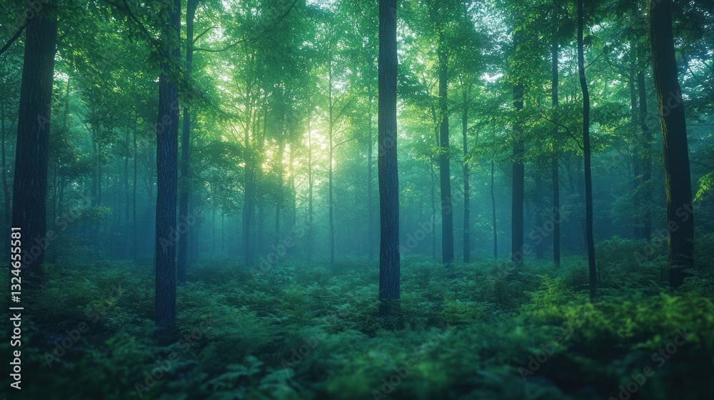 Obraz premium Misty forest interior sunlight