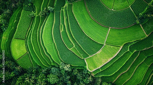 Lush Green Rice Terraces: A Textured Aerial Vista of Sustainable Agriculture