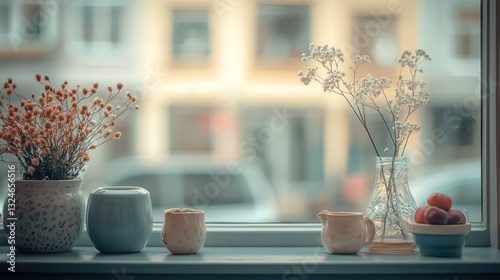 Various decorative objects and plants displayed on a windowsill indoors