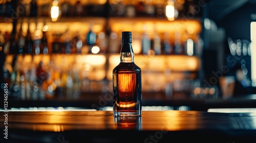A bottle of dark rum on a well lit bar with clean lines and beautiful lighting