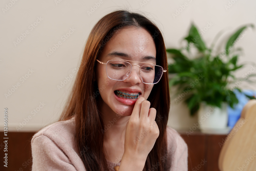 Asian young woman with glasses biting her nails in a thoughtful moment while sitting at home. Wearing a pink sweater, long brown hair, and braces, enjoying a cozy and casual holiday break.