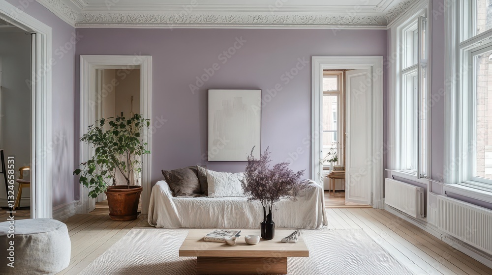 Fototapeta premium A cozy living room design with a purple wall color scheme