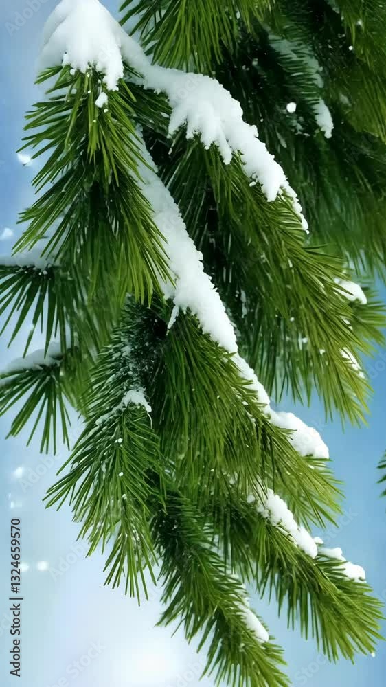 Snow-covered pine tree branches in winter against a bright blue sky Snow-covered pine tree branches in winter against a bright blue sky