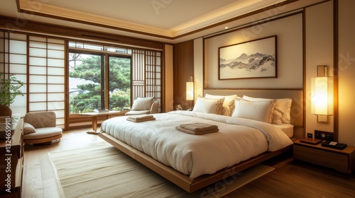 A beautifully decorated modern bedroom features a comfortable bed with views