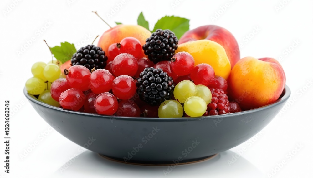 Bowl with mixed fruits peaches, green grapes, blackberries, red currant. Fresh organic fruit bowl isolated on white transparent background. Healthy food concept, detox diet, vitamins, antioxidants. Bowl with mixed fruits peaches, green grapes, blackberries, red currant. Fresh organic fruit bowl isolated on white transparent background. Healthy food concept, detox diet, vitamins, antioxidants.