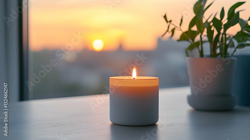 Single Candlelight Glow at Sunset Windowsill