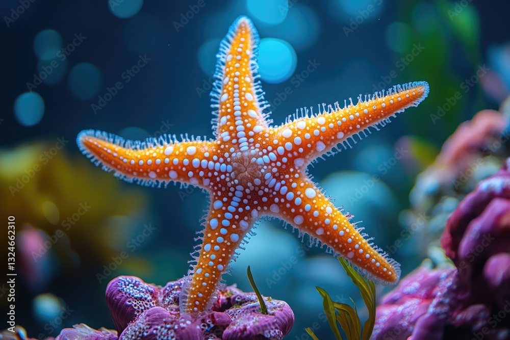 Orange Starfish With White Spots In Ocean Habitat Orange Starfish With White Spots In Ocean Habitat