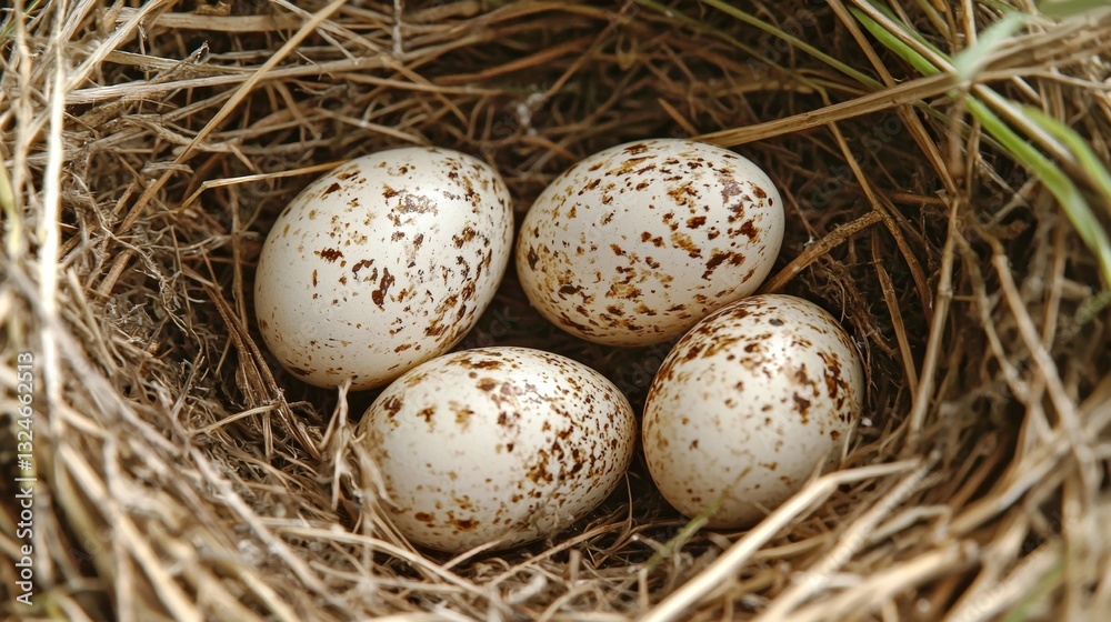 A close up of a birds nest with eggs in soft focus nature background