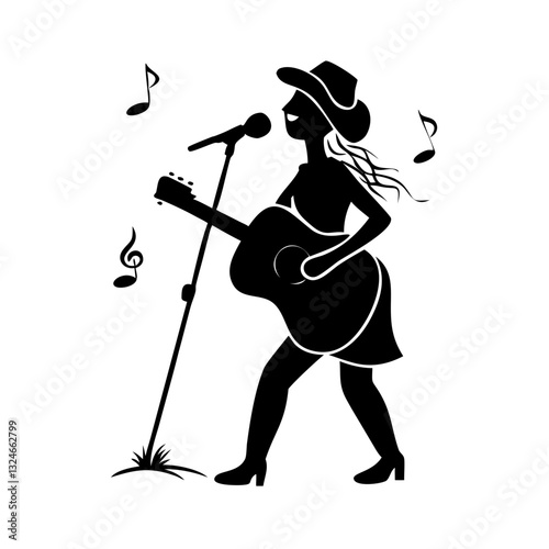 A captivating silhouette of a country music artist strumming a guitar and singing
