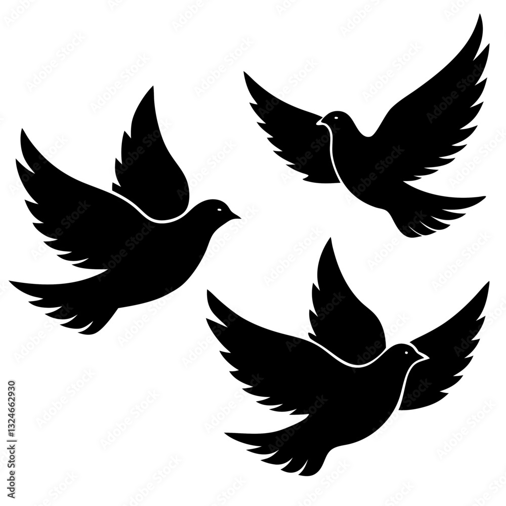 Obraz premium Three elegant doves in flight, their silhouettes starkly defined against a blank canvas