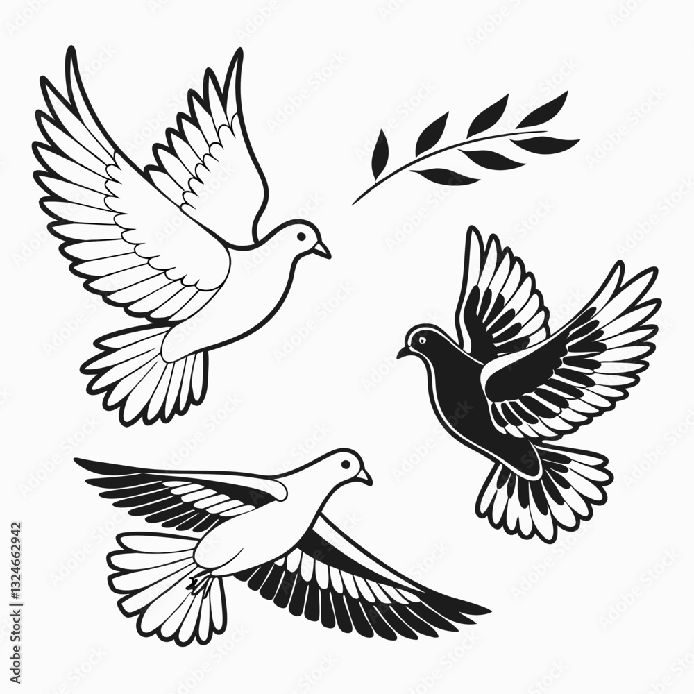 Fototapeta premium Soaring Pigeons and Olive Branch. Three pigeons in flight, one bearing a olive branch