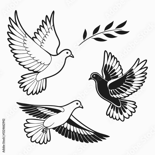 Soaring Pigeons and Olive Branch. Three pigeons in flight, one bearing a olive branch