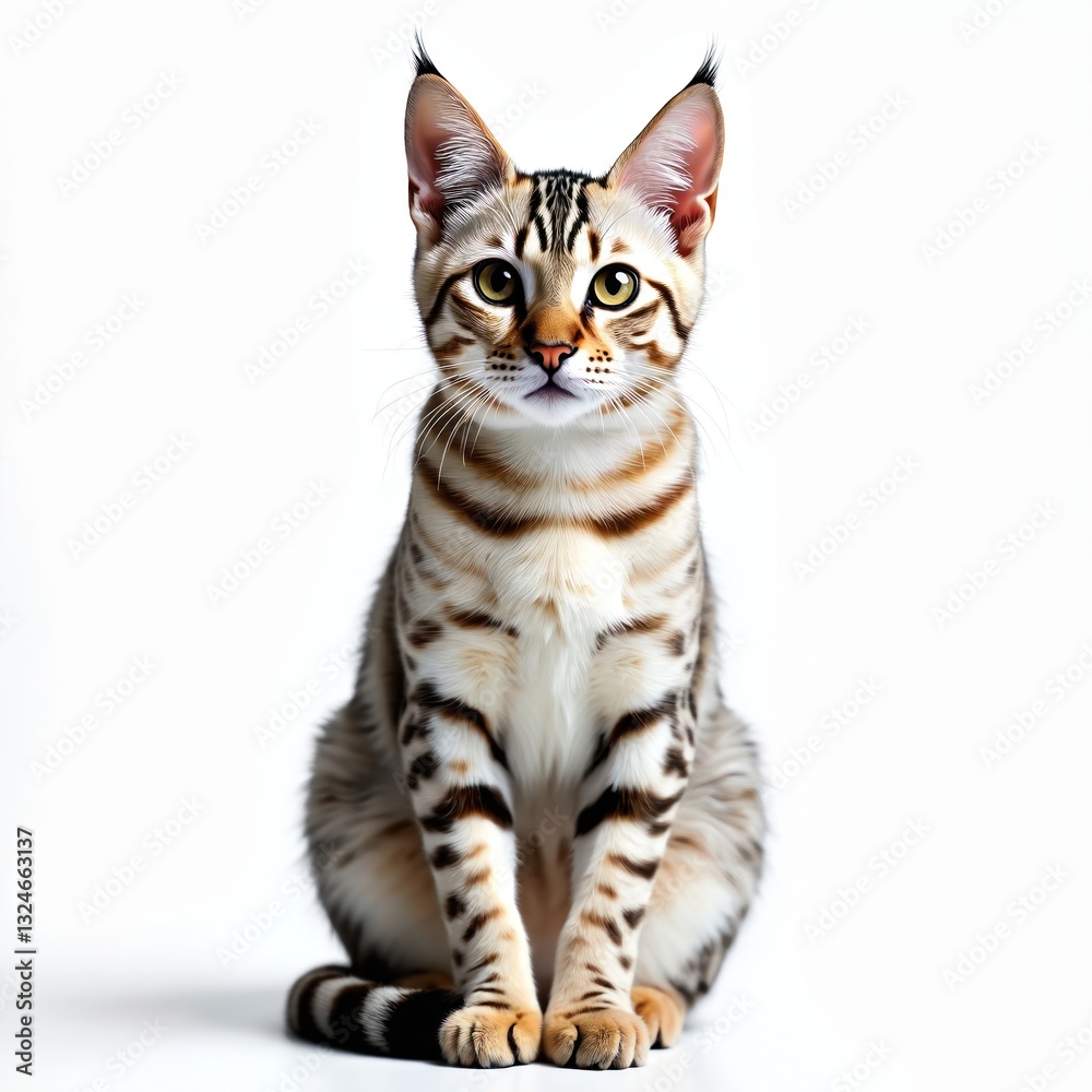 Obraz premium Snow lynx Bengal cat kitten gazes front, isolated on white background. Cute purebred feline with golden eyes and spotted coat. Domestic animal sits, looking directly at camera in studio.