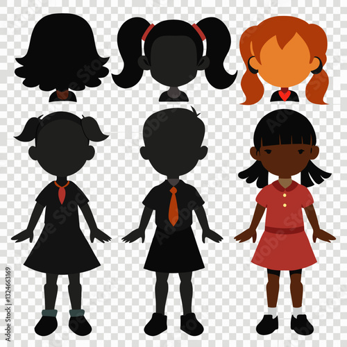 Set of schoolgirl silhouettes on transparent background
