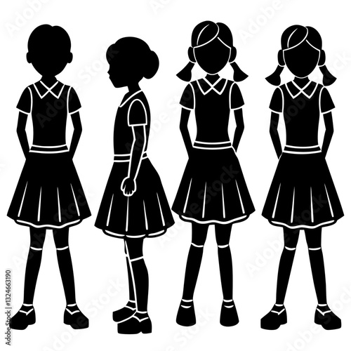 Silhouette Schoolgirls: Illustrative silhouettes of four young schoolgirls showcasing different poses and hairstyles, representing childhood, education, and youth.