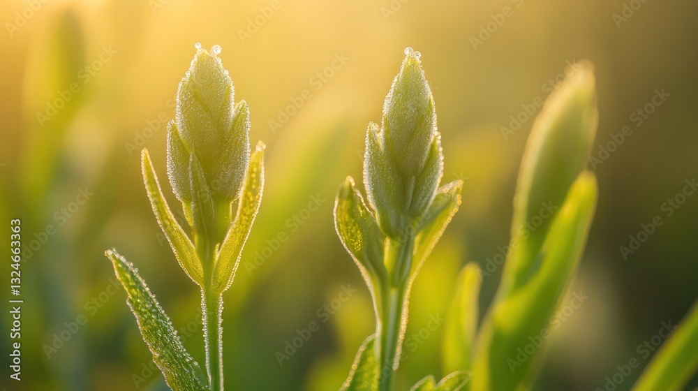Dew-Kissed Budding Plants in Golden Sunrise Light Capture Serenity Dew-Kissed Budding Plants in Golden Sunrise Light Capture Serenity