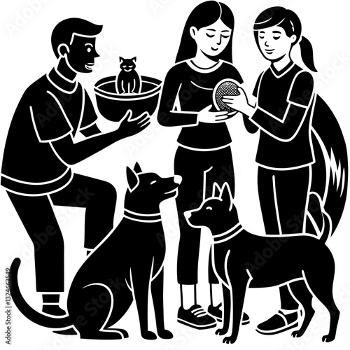 A group of friends share a joyful moment, playfully interacting with their beloved dogs and a cat