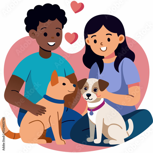 A heartwarming illustration depicts a couple sharing affection with their beloved dogs,