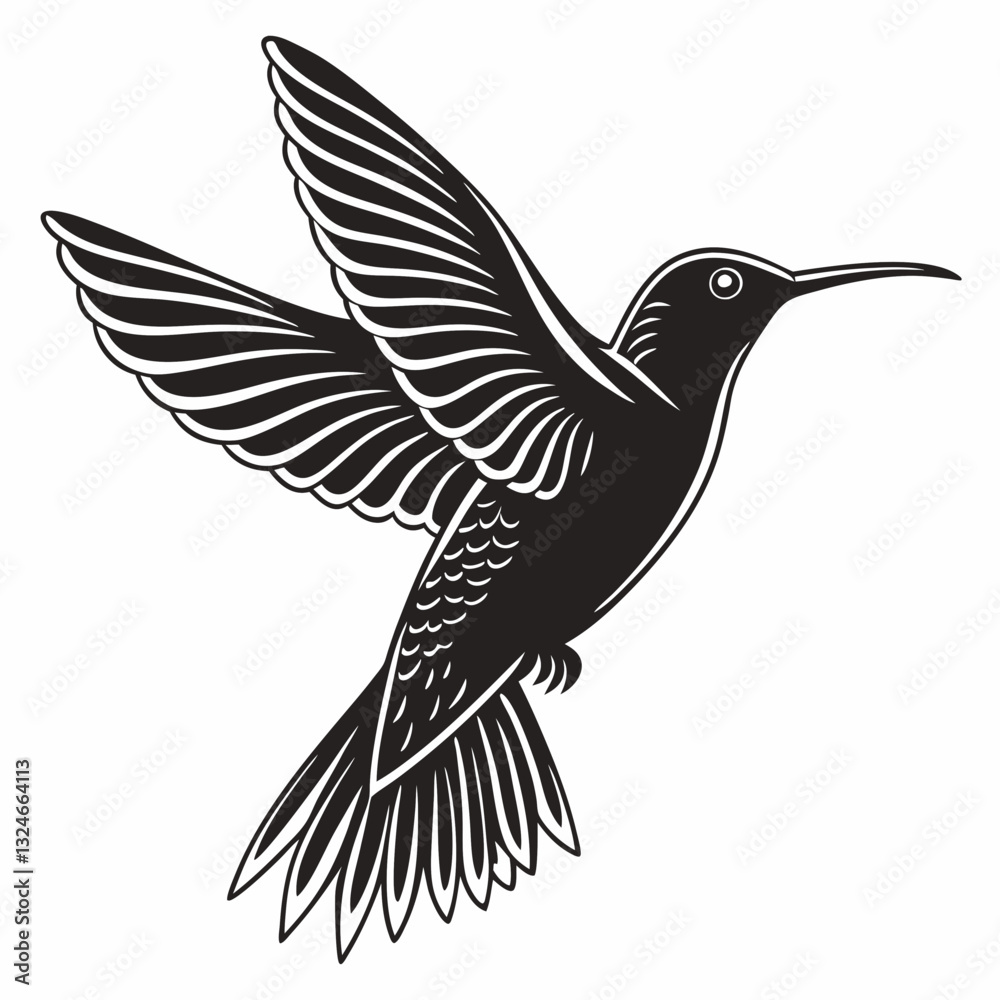 Obraz premium A striking, detailed black and white silhouette of a hummingbird in mid flight